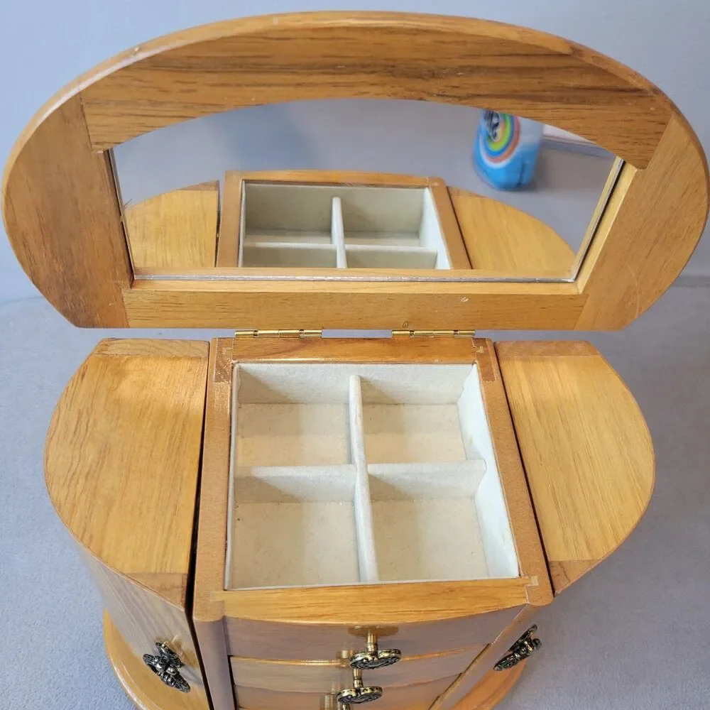 Vintage Mele Wooden Jewelry Box Armoire Heart Hardware Lining Mirror